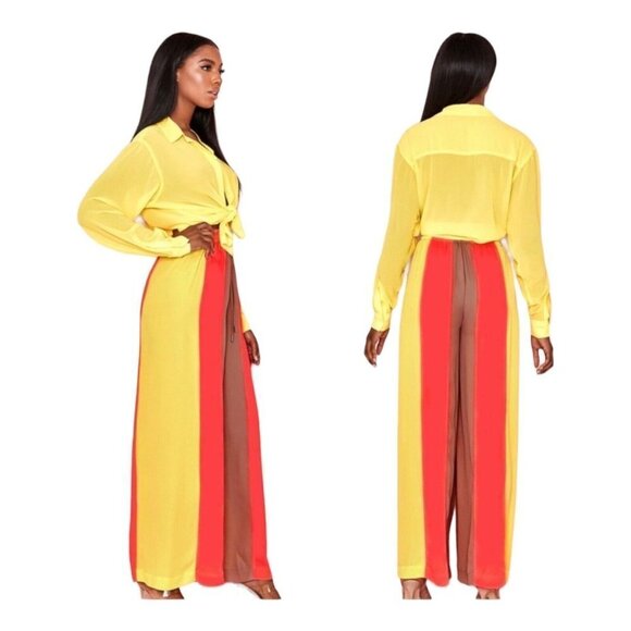 NEW House of CB Margot Women Size Medium Pants Beach Wide Leg Yellow Neon Coral - Picture 2 of 12